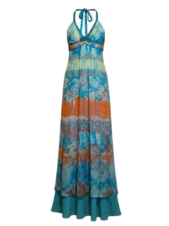 Sue Wong Dresses & Skirts - Sue Wong Blue Beaded Watercolor Floral Silk Blend Halter Maxi Dress Size 4